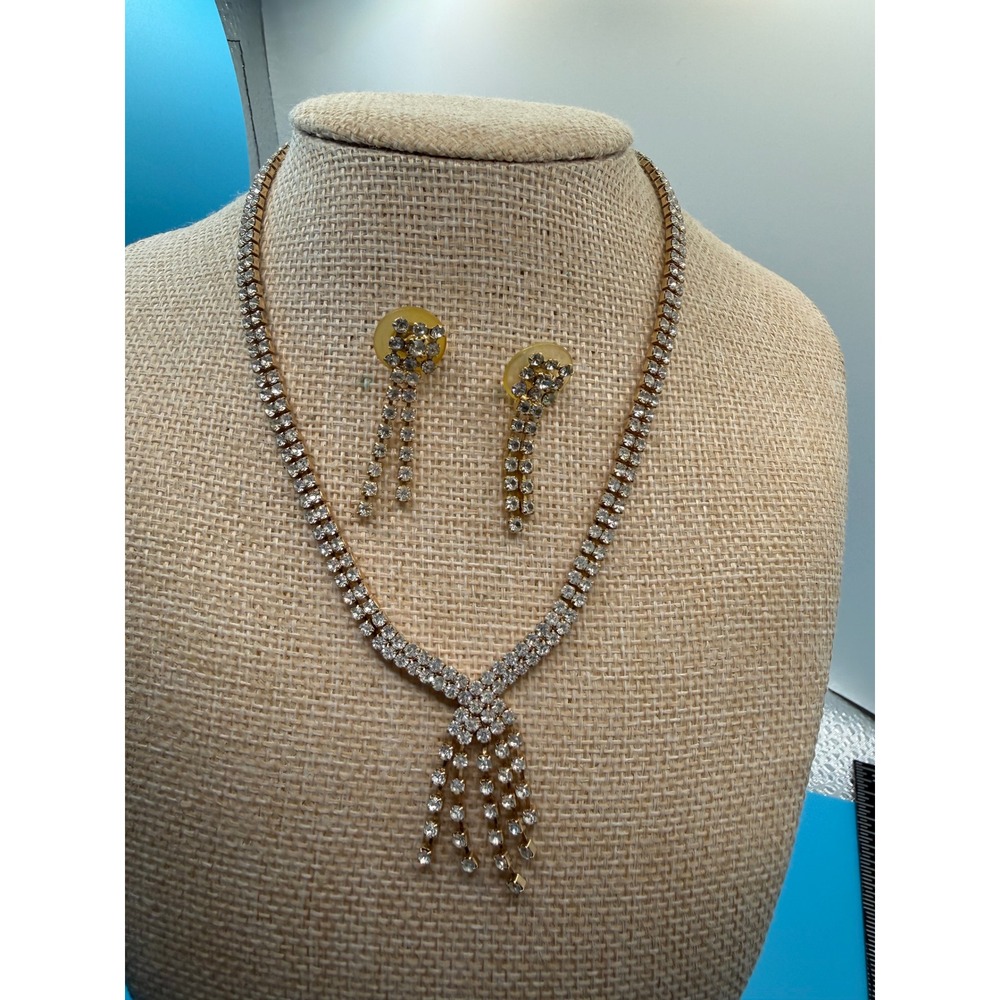 Vintage Rhinestone Necklace Earring Set Gold Tone Crystal Fringe Wedding Prom